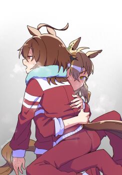2girls agnes_tachyon_(umamusume) ahoge animal_ears breath brown_hair commentary_request ear_ornament head_tilt highres horse_ears horse_girl hug huge_ahoge jacket jungle_pocket_(umamusume) mazu1kan medium_hair multiple_girls notched_ear open_mouth pants red_eyes red_jacket red_pants red_shoes shoes sweat towel tracen_training_uniform track_jacket track_pants umamusume yellow_eyes yuri