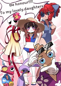 1boy animal_ears arms_behind_back bikini black_eyes blue_bikini blue_bow blue_eyes blue_one-piece_swimsuit blue_shirt blush_stickers bow brown_hair colored_sclera colored_skin colored_teeth commentary dress english_text flower furry furry_male gangle_(the_amazing_digital_circus) hair_bow hat hibiscus highres jax_(the_amazing_digital_circus) kinger_(the_amazing_digital_circus) mask multicolored_bikini multicolored_eyes one-piece_swimsuit overalls pink_flower pomni_(the_amazing_digital_circus) ponytail purple_shirt rabbit_boy rabbit_ears ragatha_(the_amazing_digital_circus) red_bikini red_eyes red_hair red_ribbon ribbon shirt sleeveless sleeveless_dress sun_hat sunglasses swimsuit the_amazing_digital_circus two-tone_bikini two-tone_eyes viobutter009 white_skin yellow_dress yellow_sclera yellow_teeth zooble_(the_amazing_digital_circus)