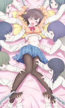 absurdres bed black_hair black_pantyhose blue_skirt blush bound bow bowtie breasts brown_eyes brown_hair character_request clothes_lift commentary_request commission feet half-closed_eyes highres long_sleeves lying multiple_girls navel no_shoes ofuchobetto_shirai on_back on_bed open_mouth pantyhose pixiv_commission project_sekai purple_hair red_bow red_bowtie restrained school_uniform shinonome_ena short_hair skirt small_breasts smile tickling tickling_armpits tickling_feet tickling_legs tickling_stomach yellow_pillow yuri