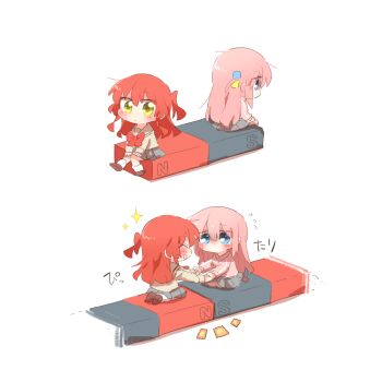 Rule 34 | 2girls, :d, blue eyes, blush, bocchi the rock!, chibi, chibi only, closed eyes, closed mouth, commentary request, cube hair ornament, full body, gotoh hitori, hair ornament, holding hands, jacket, kita ikuyo, long hair, long sleeves, magnet, magnetism, multiple girls, open mouth, pink hair, pink jacket, rebecca (keinelove), school uniform, shuka high school uniform, simple background, sitting, smile, track jacket, white background, yellow eyes