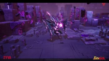 animated audible_music blue_hair cave character_name copyright_name crystal crystal_elemental dinosaur dragon elemental_(creature) energy energy_being energy_wave english_text floating_limbs giant giant_monster giant_robot gigabash glowing glowing_crystal kaiju living_crystal mecha monster passion_republic_games rawa robot sound sword tail thundatross underground video weapon woolley zyva