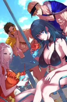 2boys 2girls ;) armpits bare_arms bare_shoulders bikini black_bikini blonde_hair blue_cape blue_eyes blue_hair blue_sky breasts cape casual_one-piece_swimsuit claude_von_riegan claude_von_riegan_(summer) cleavage closed_mouth cloud collarbone commentary_request crossed_legs cup dark-skinned_male dark_skin day dimitri_alexandre_blaiddyd dimitri_alexandre_blaiddyd_(summer) drinking_glass drinking_straw edelgard_von_hresvelg edelgard_von_hresvelg_(summer) female_byleth_(fire_emblem) female_byleth_(summer)_(fire_emblem) fire_emblem fire_emblem:_three_houses fire_emblem_heroes flower frilled_one-piece_swimsuit frills hair_flower hair_ornament hair_ribbon hibiscus highres holding holding_cup large_breasts long_hair looking_at_viewer medium_breasts mokichi_xx multiple_boys multiple_girls muscular muscular_male nintendo official_alternate_costume one-piece_swimsuit one_eye_closed purple_eyes red_one-piece_swimsuit ribbon short_hair sideboob sitting sky smile sunglasses swimsuit table thighs visor_cap white_hair yellow_cape