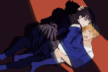 1boy 1girl absurdres all_fours black_dress black_hair blonde_hair blush caught chainsaw_man collarbone commentary_request crack_of_light denji_(chainsaw_man) dress hetero highres looking_at_another lying mitaka_asa nayuta_(chainsaw_man) on_back out_of_frame pleated_dress shadow shirt tongue tongue_out white_shirt wide-eyed yukadon yurayuracocco