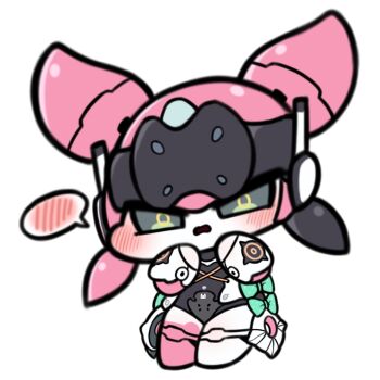 1girl aria_(zenless_zone_zero) blush bow chibi chibi_only full_body green_bow green_eyes hands_up highres humanoid_robot looking_at_viewer open_mouth otu_(o2h2_oh4) robot robot_girl simple_background solo spoken_blush standing white_background zenless_zone_zero