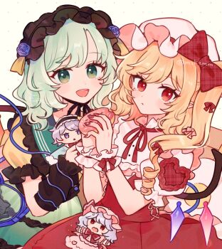 Rule 34 | 2girls, :d, arm warmers, black arm warmers, black hairband, blonde hair, bow, character doll, collared shirt, commentary request, doll, donut, flandre scarlet, flower, food, frilled shirt collar, frills, green eyes, green hair, hair bow, hair flower, hair ornament, hairband, hat, heart, highres, holding, holding donut, holding food, komeiji koishi, komeiji satori, long hair, looking at viewer, medium hair, mob cap, mozukuzu (manukedori), multiple girls, nail polish, neck ribbon, one side up, open mouth, pink bow, pink hat, plaid bow, pointy ears, puffy short sleeves, puffy sleeves, purple flower, purple rose, red bow, red eyes, red nails, red ribbon, red skirt, red vest, remilia scarlet, ribbon, rose, shirt, short sleeves, skirt, smile, teeth, touhou, twitter username, upper teeth only, vest, white shirt, wings, wrist cuffs, yellow shirt, yellow skirt