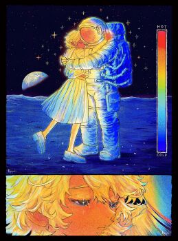 1girl 1other astronaut closed_eyes commentary english_commentary full_body highres hug long_sleeves lunar_surface nayoyoki original pleated_skirt school_uniform serafuku shoes short_hair signature skirt sparkle standing thermogram