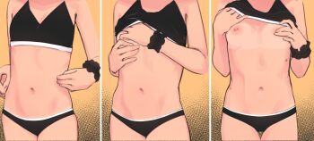 1girl black_bra black_panties bra bra_lift clothes_lift highres loli mole multiple_views navel nipples nona_(yeun) original panties sports_bra sports_bra_lift tan tanline underwear underwear_only undressing yeun