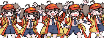 >_< 5girls ;q ^_^ ahoge arms_up back_ribbon bad_tag badge bandaid bandaid_on_knee bandaid_on_leg black_eyes black_necktie black_shorts blush brown_hair button_badge clenched_hands closed_eyes closed_mouth collared_shirt commentary cowboy_shot crossed_legs cut_bangs employee_uniform facing_ahead fast_food_uniform happi hat highres imadake_dabuchi_tabemi japanese_clothes looking_ahead looking_at_viewer mcdonald's multiple_girls necktie no_sclera one_eye_closed open_clothes open_happi open_mouth pinstripe_pattern pinstripe_shirt red_hat red_ribbon red_shoes red_trim ribbon shirt shoes short_hair short_sleeves short_twintails shorts simple_background smile socks striped_clothes striped_shirt tie_clip tongue tongue_out twintails user_fdwx3885 v-shaped_eyebrows vertical-striped_clothes vertical-striped_shirt visor_cap white_background white_shirt white_socks wristband yellow_happi