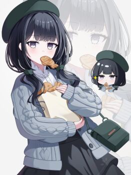 1girl bag beret black_hair black_skirt blunt_bangs book_off cardigan chibi cowboy_shot food green_bag green_hat grey_cardigan grey_eyes hashtag-only_commentary hat holding holding_bag kurobe_nanoka layered_skirt long_hair long_sleeves looking_at_viewer mahou_shoujo_no_majo_saiban mouth_hold official_alternate_costume paper_bag skirt solo standing taiyaki twintails wagashi white_background yoromimi_yu zoom_layer