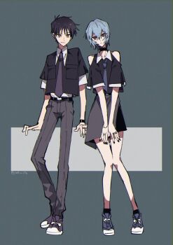 1boy 1girl aged_up alternate_costume alternate_hairstyle asymmetrical_skirt ayanami_rei bare_shoulders belt black_choker black_jacket black_nails blue_hair breasts brown_eyes choker collared_shirt couple hetero ikari_shinji jacket jewelry looking_at_viewer multiple_rings necklace necktie neon_genesis_evangelion pants red_eyes ring shirt shoes short_hair sneakers white_shirt yoshio_296
