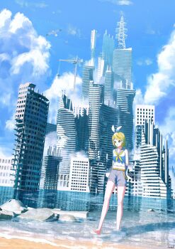 1girl :o abandoned absurdres antel_1811 barefoot beach bird blonde_hair blue_sky bow_hairband building city cloud commentary_request crane_(machine) crop_top cropped_shirt day flood full_body grey_sailor_collar grey_shorts hairband highres kagamine_rin midriff navel neckerchief ocean outdoors parted_lips ruins sailor_collar seagull shirt short_hair shorts sky skyscraper sleeveless sleeveless_shirt solo transmission_tower vocaloid wading white_hairband white_shirt yellow_neckerchief