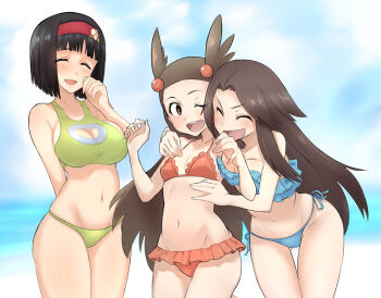 3girls arm_behind_back bikini black_hair blue_bikini blush breasts brown_eyes brown_hair cleavage_cutout closed_eyes clothing_cutout commentary_request erika_(pokemon) green_bikini hair_bobbles hair_ornament hairband hand_on_another's_hip hand_on_another's_shoulder heart_cutout jasmine_(pokemon) leaf_(pokemon) long_hair multiple_girls navel nintendo one_eye_closed open_mouth orange_bikini pokemon pokemon_frlg pokemon_hgss pokemon_lgpe red_hairband short_hair smile stomach swimsuit teeth two_side_up upper_teeth_only v-shaped_eyebrows vanishingknife