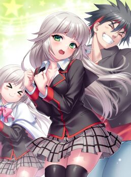 Rule 34 | > <, 1boy, 2girls, :3, alternate costume, black jacket, black thighhighs, blunt bangs, blush, blush stickers, bow, bowtie, breasts, cape, cleavage, clenched hands, closed mouth, collared shirt, commentary request, commission, cowboy shot, dancing, denim, facing viewer, floating hair, green background, green eyes, grey hair, grey skirt, hair between eyes, hands up, headband, indie virtual youtuber, inohara masato, jacket, jeans, little busters!, little busters! school uniform, long hair, looking at viewer, medium breasts, miniskirt, multiple girls, noumi kudryavka, open mouth, pants, pink bow, pink bowtie, plaid clothes, plaid skirt, pleated skirt, red headband, red shirt, school uniform, shigure mito, shirt, short hair, sidelocks, simple background, skeb commission, skirt, spiked hair, star (symbol), thighhighs, v-shaped eyebrows, very long hair, virtual youtuber, white cape, white shirt, zen (kamuro), zettai ryouiki