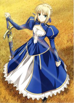 1girl absurdres ahoge artoria_pendragon_(fate) blonde_hair blue_bow blue_dress blue_ribbon blue_skirt blush bow braid breasts brown_shoes caliburn_(fate) closed_mouth collarbone dress fate/stay_night fate_(series) female_focus flat_chest full_body green_eyes hair_bow hair_bun hair_ribbon highres holding holding_sword holding_weapon long_skirt long_sleeves looking_at_viewer medium_hair no_bra outdoors puffy_sleeves ribbon saber_(fate) scabbard scan sheath shoes single_hair_bun skirt small_breasts smile solo solo_focus studio_deen sword type-moon weapon