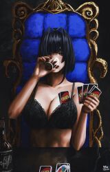 Rule 34 | 1girl, absurdres, artist name, black bra, black hair, blue eyes, blue hair, bottle, bra, breasts, card, card game, chair, cleavage, closed mouth, colored inner hair, cup, dated, drinking glass, fingernails, hair intakes, hands up, highres, holding, holding card, holding cup, hololive, hololive english, large breasts, lips, looking at object, looking to the side, multicolored hair, nail polish, ouro kronii, playing card, playing games, red lips, short hair, solo, steb, straight-on, table, two-tone hair, underwear, underwear only, uno (game), upper body, virtual youtuber