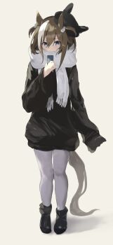 1girl absurdres animal_ears black_boots black_hat black_sweater blue_eyes blush boots brown_hair cheval_grand_(umamusume) commentary_request dress full_body hair_between_eyes hat highres holding horse_ears horse_girl horse_tail looking_at_viewer medium_hair multicolored_hair pantyhose scarf simple_background sleeves_past_wrists solo streaked_hair sweater sweater_dress tail takinii tilted_headwear umamusume white_hair white_pantyhose white_scarf