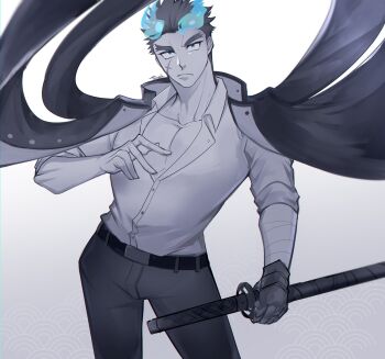 Rule 34 | 1boy, bad id, bad twitter id, bandaged arm, bandages, bara, blue eyes, blue fire, blue theme, closed mouth, commentary request, cowboy shot, facial scar, fiery horns, fire, forked eyebrows, frown, gloves, gradient background, grey background, hair slicked back, highres, holding, holding sword, holding weapon, horns, jacket, jacket on shoulders, katana, large pectorals, male focus, muscular, muscular male, partially unbuttoned, pectoral cleavage, pectorals, sakimori toji, scar, scar on cheek, scar on face, seigaiha, short hair, solo, spot color, sword, thick eyebrows, tokyo houkago summoners, touoh, weapon