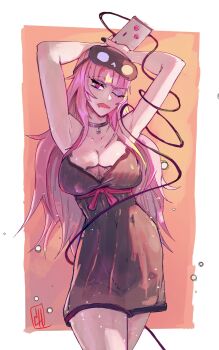 1girl bare_shoulders black_choker black_mask black_nails black_nightgown blush border boutsoftheblind breasts choker cleavage collarbone controller drooling empire_waist game_controller gamepad highres holding holding_controller holding_game_controller hololive hololive_english jewelry lace-trimmed_nightgown large_breasts long_hair looking_at_viewer mask mask_on_head messy_hair mori_calliope mori_calliope_(sleepwear) nes_gamepad nightgown nightgown_lift nintendo official_alternate_costume one_eye_closed open_mouth pink_eyes pink_hair red_eyes skull_choker sleep_mask sleepwear solo virtual_youtuber white_border