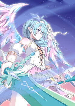 Rule 34 | 1girl, absurdres, blue hair, blue horns, cross-laced clothes, cross-laced dress, crystal horns, crystal wings, dragon girl, dragon horns, dragon tail, dragon wings, fingerless gloves, gloves, hairband, highres, holding, holding sword, holding weapon, horns, light blue hair, pfyui 0217, princess connect!, purple eyes, sheffy (princess) (princess connect!), sheffy (princess connect!), solo, sword, tail, weapon, white hairband, wings