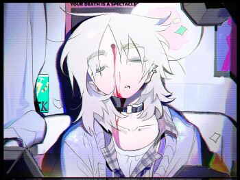 1boy black_choker blood blood_on_face cardigan chinese_commentary choker chromatic_aberration closed_eyes collared_shirt commentary_request curtains ear_piercing earclip earrings facing_viewer highres indoors jacket jewelry long_sleeves male_focus medium_hair mk1liaoqian mole mole_under_eye nosebleed o-ring o-ring_choker open_cardigan open_clothes open_jacket original parted_bangs parted_lips piercing pink_blood plaid_clothes shirt sitting sleeping solo upper_body vhs_artifacts white_hair white_shirt