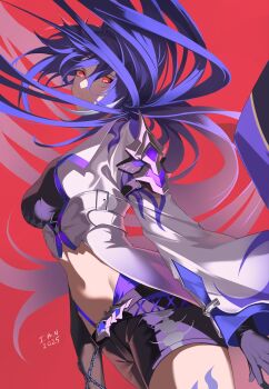 1girl acheron_(honkai:_star_rail) artist_name dated gloves hashtag-only_commentary highres honkai:_star_rail honkai_(series) i_a_n long_hair long_sleeves navel official_alternate_eye_color purple_gloves purple_hair purple_shorts red_background shorts simple_background solo