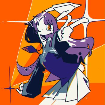 Rule 34 | 1girl, 3ma can omochi, abstract, animal ears, blazer, commentary request, cowboy shot, crescent, crescent pin, finger gun, highres, jacket, long hair, necktie, orange background, purple hair, rabbit ears, rabbit tail, red eyes, red necktie, reisen udongein inaba, solo, sparkle, tail, thighs, touhou