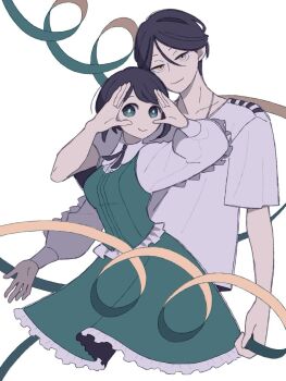 Rule 34 | 1boy, 1girl, black hair, blue eyes, breasts, bright pupils, closed mouth, collared shirt, commentary request, cowboy shot, cropped legs, frilled skirt, frills, fukurai azami, green skirt, green vest, hand up, limited palette, long sleeves, looking at viewer, medium breasts, meguriya ayumu, onigiri (onigiri4603), shirt, short hair, short sleeves, skirt, smile, standing, toshi densetsu kaitai center, triangle hands, vest, white background, white shirt, yellow eyes