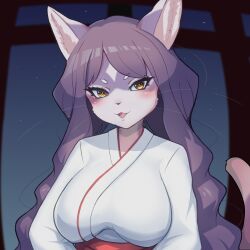 Rule 34 | 1girl, animal ears, black hair, blush, breasts, brown eyes, brown hair, cat ears, cat girl, cat tail, chatora (0-furry-beast-0), furry, furry female, hakama, head tilt, japanese clothes, kimono, medium breasts, miko, open mouth, original, parted bangs, smile, solo, tail, torii, upper body, white kimono