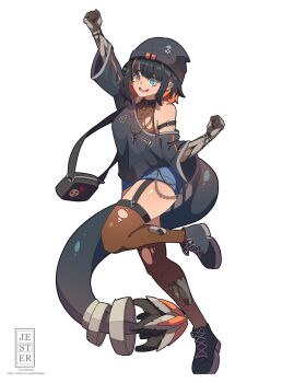 1girl :d arm_strap arm_up bag beanie black_hair blue_eyes blue_shorts breasts brown_thighhighs choker colored_inner_hair denim denim_shorts earrings full_body garter_straps hat highres jesternalagon jewelry looking_at_viewer multicolored_hair open_mouth orange_hair original oversized_clothes oversized_shirt see-through_cleavage see-through_clothes shirt shoes short_hair short_shorts shorts smile sneakers solo standing standing_on_one_leg streaked_hair tail teeth thighhighs torn_clothes torn_shirt torn_thighhighs two-tone_hair