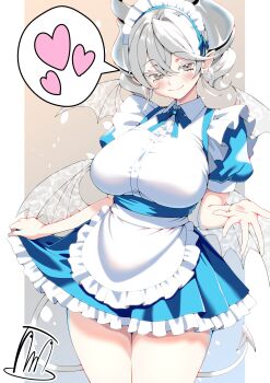 1girl absurdres apron blush breasts demon_girl demon_horns demon_tail demon_wings drill_hair earrings grey_eyes grey_hair heart highres horns jewelry lovely_labrynth_of_the_silver_castle maid maid_apron maid_headdress medium_hair multiple_wings open_hand ribbon silver_horns skirt smile solo tail tama_amata thighs twin_drills wings yu-gi-oh!