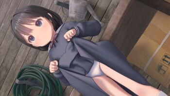 1girl 3d age_difference black_hair blue_eyes custom_udon female_focus flat_chest highres lifting_own_clothes loli panties school_uniform short_hair panties skirt solo standing underwear upskirt white_panties