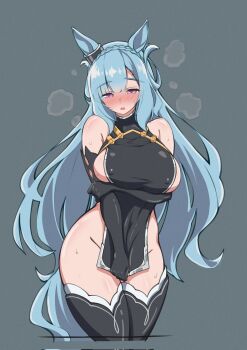 Rule 34 | 1girl, 7822simo, black dress, blue hair, blush, braid, breasts, commentary request, covered erect nipples, covering crotch, covering privates, crown braid, dress, highres, horse girl, in heat, large breasts, long hair, mejiro ardan (umamusume), no panties, open mouth, purple eyes, solo, umamusume