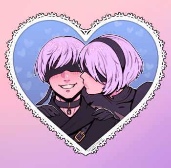 Rule 34 | 1boy, 1girl, 2b (nier:automata), 9s (nier:automata), black choker, black dress, black gloves, black hairband, black jacket, blindfold, blue background, blush, border, choker, couple, dress, gloves, grey hair, grin, hair between eyes, hairband, hands on another's shoulders, hetero, highres, jacket, kiss, kissing cheek, mole, mole under mouth, nier:automata, nier (series), parted lips, pendant choker, pink border, short hair, smile, tatjasng12, teeth, turtleneck, turtleneck dress, upper body