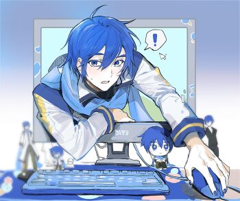 ! 1boy blue_eyes blue_hair blue_nails blue_scarf blush buckto colored_eyelashes commentary computer computer_keyboard eyelashes figure hair_between_eyes kaito_(vocaloid) leaning_forward looking_at_viewer male_focus monitor mousepad_(object) nail_polish open_mouth scarf short_hair solo spoken_exclamation_mark surprised sweatdrop vocaloid
