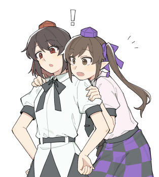 Rule 34 | !, 2girls, black bow, black bowtie, black necktie, black skirt, bow, bowtie, brown eyes, brown hair, checkered clothes, checkered skirt, collared shirt, commentary request, fang, hat, himekaidou hatate, long hair, missing wings, multiple girls, necktie, open mouth, pink shirt, pointy ears, puffy short sleeves, puffy sleeves, purple hat, purple skirt, red eyes, red hat, sakic43899, shameimaru aya, shirt, short sleeves, simple background, skirt, tokin hat, touhou, twintails, two-tone skirt, white background, white shirt