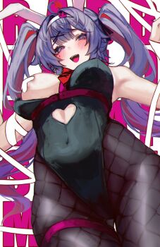 1girl :d @_@ ahoge alternate_hair_color animal_ears black_leotard black_pantyhose blue_hair breasts chest_harness clothing_cutout colored_inner_hair covered_navel cross cross_pasties cutout_above_navel facial_mark fake_animal_ears fishnet_pantyhose fishnets from_below hair_ornament hair_over_hairband hairband harness hatsune_miku heart_cutout highleg highleg_leotard large_breasts leotard long_hair looking_at_viewer mark_under_eye missing_commentary multicolored_hair naokomama necktie open_mouth pantyhose pasties pink_pupils playboy_bunny purple_eyes rabbit_ears rabbit_hole_(vocaloid) red_hair red_necktie ribbon smile solo strapless strapless_leotard teardrop_facial_mark text_background twintails two-tone_hair underbust vocaloid white_background white_hairband white_ribbon x_hair_ornament