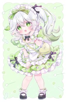 1girl :o alternate_costume aranara_(genshin_impact) bare_shoulders black_bow black_shoes bloomers bow chiika_(cure_cherish) commentary_request cross-shaped_pupils detached_sleeves dress enmaided frilled_hairband frills genshin_impact gradient_hair green_bow green_dress green_eyes green_hair green_sleeves hair_between_eyes hair_bow hair_ornament hairband hand_up highres layered_dress leaf_hair_ornament leaning_forward long_hair maid maid_headdress multicolored_hair nahida_(genshin_impact) pointy_ears shoes side_ponytail solo striped_bow symbol-shaped_pupils underwear white_bloomers white_dress white_hair white_wrist_cuffs wrist_cuffs