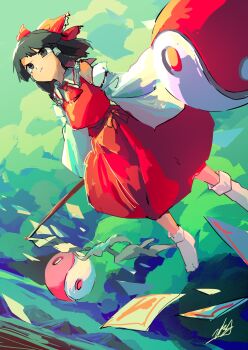 1girl ascot black_eyes black_hair bow closed_mouth commentary_request detached_sleeves doggo_1d34 embodiment_of_scarlet_devil floating frilled_bow frills gohei hair_bow hair_tubes hakurei_reimu highres holding holding_gohei long_hair ofuda orb red_ascot red_bow red_skirt reimu_day signature skirt skirt_set socks solo touhou white_socks yin_yang yin_yang_orb