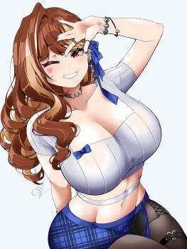 1girl absurdres black_pantyhose blonde_hair blue_bow blue_nails blue_ribbon blue_skirt bow breasts broken_heart_facial_mark brown_hair commission cropped_shirt hair_ribbon heart heart_o-ring highres large_breasts long_hair midriff multicolored_hair o-ring o-ring_thigh_strap one_eye_closed original pantyhose plaid_clothes plaid_skirt red_eyes ribbed_shirt ribbon saltnvalk shirt sitting skirt solo streaked_hair thigh_strap vgen_commission