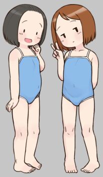2girls brown_hair flat_chest forehead grey_background highres leonardo_16sei loli medium_hair mob_face multiple_girls navel one-piece_swimsuit original simple_background swimsuit v