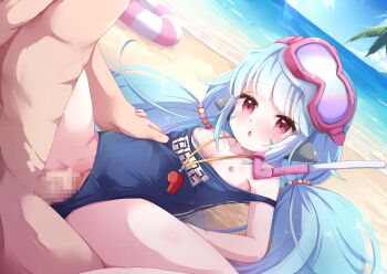 1boy 1girl :o age_difference beach blue_hair blush breasts censored chestnut_mouth clothes_pull clothing_aside commentary_request commission day diving_mask diving_mask_on_head dutch_angle goggles goggles_on_head guardian_tales hetero highres little_android_aa72 loli long_hair mosaic_censoring name_tag nipples nyxerebos ocean one-piece_swimsuit_pull outdoors palm_leaf parted_lips penis red_eyes sand school_swimsuit sex skeb_commission small_breasts solo_focus spread_legs swimsuit swimsuit_aside vaginal variant_set whistle whistle_around_neck