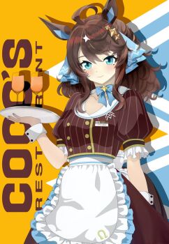 1girl ahoge ancient_(alerthangar) animal_ears apron blue_eyes blush breasts collarbone commentary_request daring_tact_(umamusume) drink hair_between_eyes hair_ornament highres horse_ears horse_girl horse_tail long_hair maid medium_breasts ribbon simple_background smile star_(symbol) star_hair_ornament tail tray umamusume