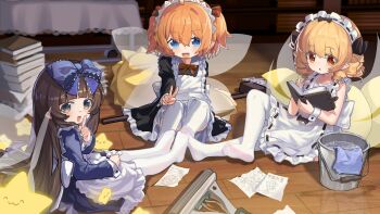 3girls absurdres alternate_costume apron black_dress blonde_hair blue_dress blue_eyes blush book bow brown_bow brown_hair bucket chinese_commentary commentary_request drawing_(object) dress drill_hair enmaided fairy fairy_wings finger_to_mouth hair_bow highres holding holding_book hxj_(2324184595) long_hair luna_child maid maid_apron maid_headdress medium_hair multiple_girls open_book orange_hair pages pantyhose pointy_ears shushing star_(symbol) star_sapphire sunny_milk touhou v very_long_hair water white_apron white_pantyhose wings