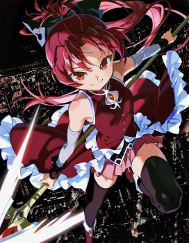 Rule 34 | 1girl, bare shoulders, boots, bow, chithijin, cityscape, commentary request, detached sleeves, gem, gloves, hair bow, highres, holding, holding polearm, holding weapon, long hair, magical girl, mahou shoujo madoka magica, mahou shoujo madoka magica (anime), night, pink skirt, polearm, ponytail, red boots, red eyes, red gem, red hair, sakura kyoko, sakura kyoko (magical girl), short hair, skirt, sleeveless, smile, solo, soul gem, thighhighs, weapon, white sleeves