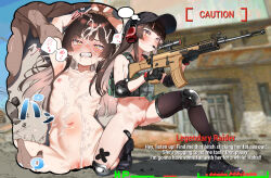 1girl 2boys armpits bandaid bandaid_on_leg bdsm black_gloves black_hair black_thighhighs blush bondage bottomless bound bound_wrists building bukkake bulletproof_vest censored clenched_teeth collarbone cum cum_on_body cum_on_hair elbow_pads english_text facial fallout fallout_4 female_focus flat_chest fuyukawa_(kogimiwa64338) gloves gun hard-translated health_bar heart hetero highres holding holding_another&#039;s_arm holding_gun holding_weapon knee_pads kneeling loli long_hair lying mosaic_censoring multiple_boys navel nude on_back original pussy pussy_juice rape restrained rifle rope scope sex speech_bubble spread_legs sweat teeth thighhighs third-party_edit thought_bubble vaginal weapon wrists_tied_together