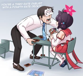 1boy 2girls ahoge animal_ears arona_(blue_archive) bare_shoulders black_pants blue_archive blue_necktie breasts brown_hair card chair collared_shirt detached_sleeves english_text flower gradient_background hair_bun hair_flower hair_ornament hakama hakama_skirt halo height_difference huge_breasts japanese_clothes kaede_(blue_archive) kimono lanyard meme motion_lines multiple_girls necktie okobo open_mouth oppai_loli pants pink_halo platform_sandals playing_card pldf red_hakama red_skirt red_trim sandals sensei_(blue_archive) sensei_(blue_archive_the_animation) shirt shoes short_hair shouting side_bun sideboob skirt sleeveless sleeveless_kimono table tablet_pc teeth thighhighs thighs white_kimono white_shirt white_sleeves white_thighhighs yu-gi-oh!