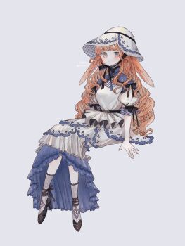 1girl animal_ears ankle_strap arm_support belt black_belt black_shoes blue_shirt blue_skirt blush breasts chinstrap closed_mouth commentary_request dated frilled_skirt frills full_body grey_background grey_eyes grey_socks hat high_heels highres layered_skirt limo_nine long_hair long_skirt looking_at_viewer orange_hair original rabbit_ears rabbit_girl rabbit_tail shirt shoes signature simple_background sitting skirt small_breasts socks solo swept_bangs tail two-tone_shirt two-tone_skirt wavy_hair white_hat white_shirt white_skirt
