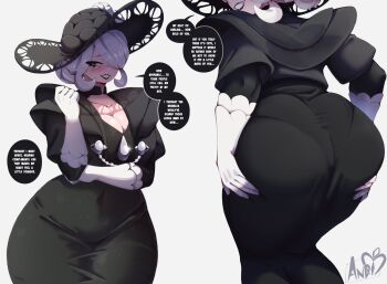 1girl andrew-chan ass ass_support black_capelet black_dress black_hat black_lips breasts capelet cleavage cogita_(pokemon) commentary covered_navel dress english_commentary english_text flower gloves grey_eyes grey_hair hair_over_one_eye hat hat_flower highres huge_ass large_breasts lipstick long_dress makeup mature_eyes mature_female multiple_views nintendo pantylines plunging_neckline pokemon pokemon_legends:_arceus short_hair solo speech_bubble sun_hat turnaround variant_set white_gloves