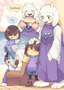 1girl 1other :d ? ?? ^_^ absurdres animal_ears ankle_boots barefoot black_pantyhose blue_shorts blue_sweater blush bob_cut book boots brown_eyes brown_footwear brown_hair closed_eyes closed_mouth couch double-parted_bangs dress english_text fangs food frisk_(undertale) furry furry_female glasses goat_ears goat_girl hair_between_eyes hand_on_another's_head highres holding holding_book horns long_sleeves looking_at_another marueri multiple_views on_couch open_mouth oven_mitts pantyhose pie pink_sweater purple_dress reading round_eyewear short_hair shorts sitting skin_fangs smile speech_bubble spoken_question_mark striped_clothes striped_sweater sweater toriel turtleneck turtleneck_sweater two-tone_sweater undertale utdr_(toby_fox) white_fur