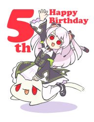 Rule 34 | 1girl, @ @, animal ears, arm up, black coat, black footwear, black ribbon, blush stickers, cat, cat ears, cat girl, cat tail, coat, commentary request, dress, full body, happy birthday, highres, leaning to the side, long hair, long sleeves, looking at viewer, magari (c0rn3r), mary janes, neck ribbon, nora cat, nora cat channel, open mouth, pantyhose, pink hair, ribbon, riding, riding animal, shoes, simple background, smile, solo, tail, two side up, virtual youtuber, waving, white dress, white pantyhose, wide sleeves